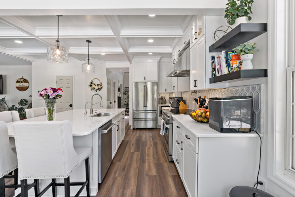 white kitchen with hardwood floors