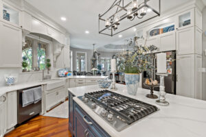 kitchen island with stainless steel stove top